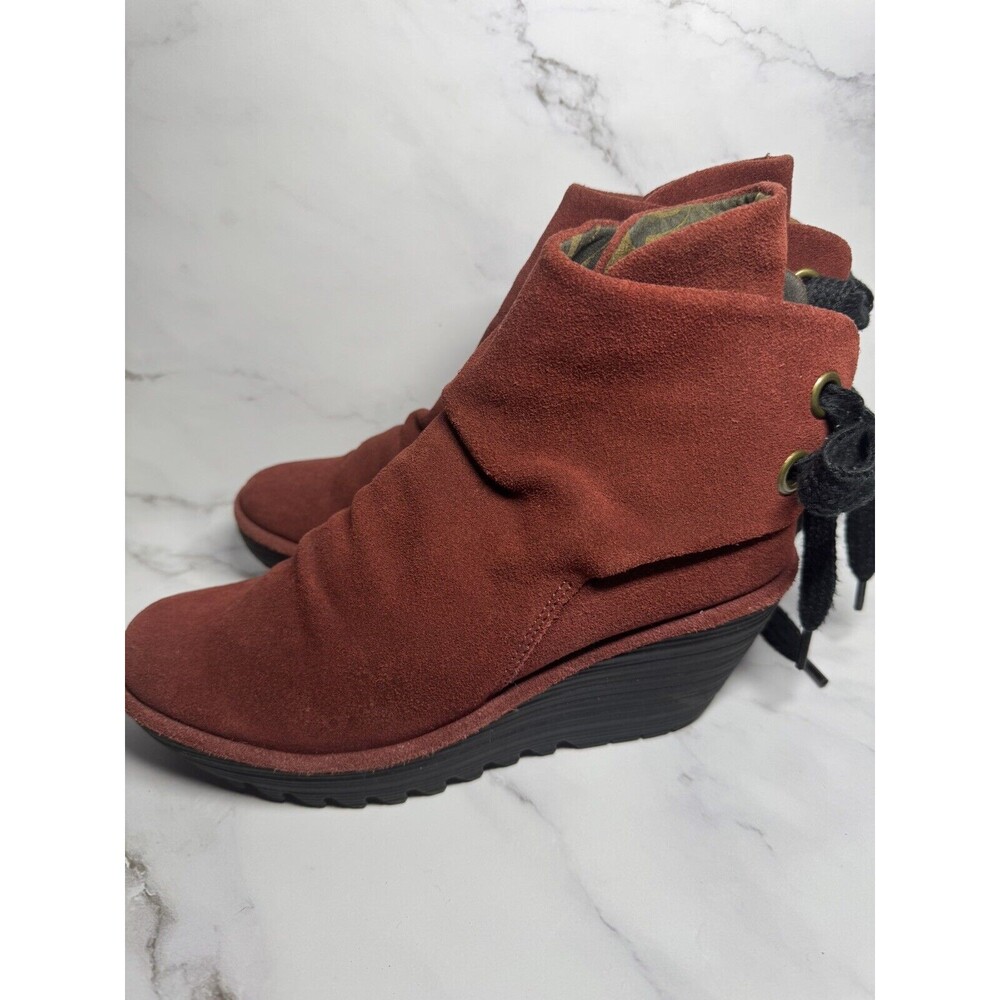 Fly London Yebi Ankle Boots Womens 38 US 8 Burgundy Red Suede Leather Wedge